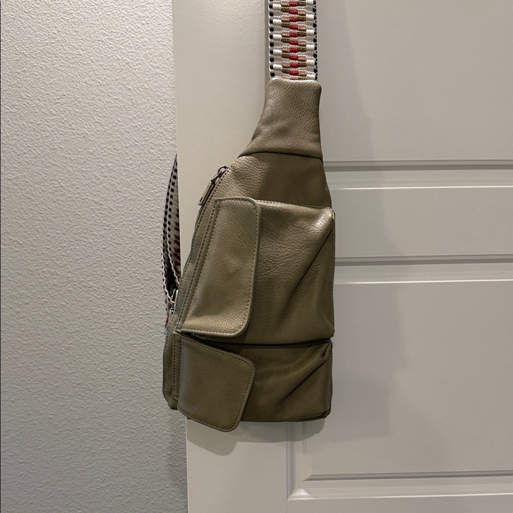Anthropologie Olive Green Leather Crossbody Sling Bag with Woven Strap